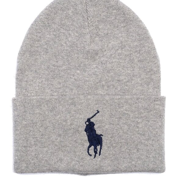 Polo Ralph Lauren Fall Winter Cuffed Acrylic Beanie Solid Big Logo Gray Blue - Picture 1 of 3